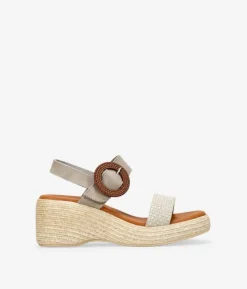 Bosanova Sandales Compensées | Sandales Spartiates | Sandales en cuir taupe avec semelle compensée et boucle