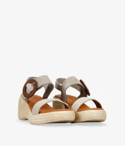 Bosanova Sandales Compensées | Sandales Spartiates | Sandales en cuir taupe avec semelle compensée et boucle