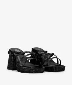 Bosanova Sandales À Talons | Sandales Plateformes | Sandales en satin noir avec strass