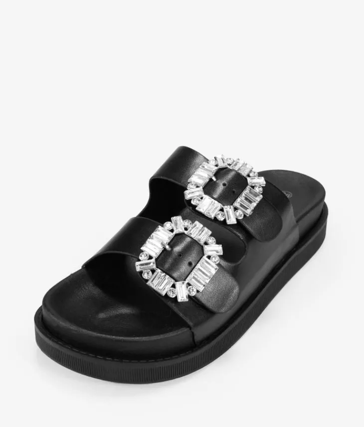 Bosanova Sandales Plates | Sandales noires à boucles brillantes