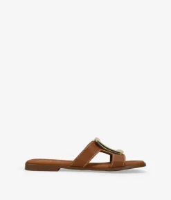 Bosanova Sandales Plates | Chaussures En Cuir | Sandales plates marron avec applications métalliques