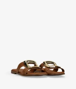 Bosanova Sandales Plates | Chaussures En Cuir | Sandales plates marron avec applications métalliques
