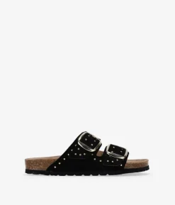 Bosanova Sandales Plates | Chaussures En Cuir | Sandales plates noires à double boucle et clous
