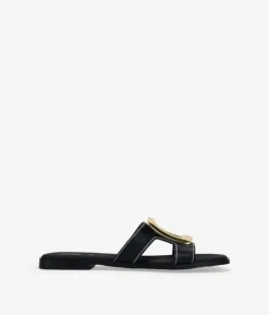 Bosanova Sandales Plates | Chaussures En Cuir | Sandales plates noires avec applications métalliques