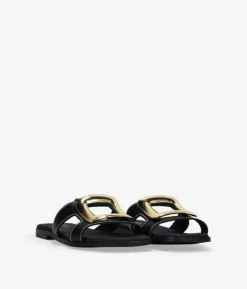 Bosanova Sandales Plates | Chaussures En Cuir | Sandales plates noires avec applications métalliques