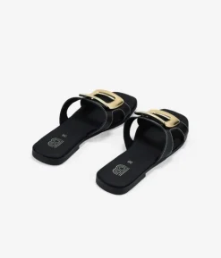 Bosanova Sandales Plates | Chaussures En Cuir | Sandales plates noires avec applications métalliques