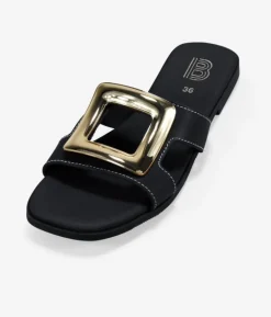Bosanova Sandales Plates | Chaussures En Cuir | Sandales plates noires avec applications métalliques