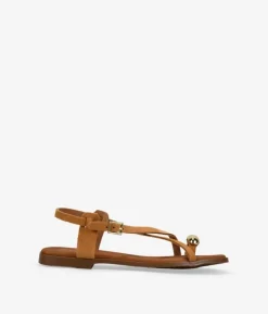 Bosanova Sandales Plates | Chaussures En Cuir | Sandales tongs en cuir marron avec ornements métalliques