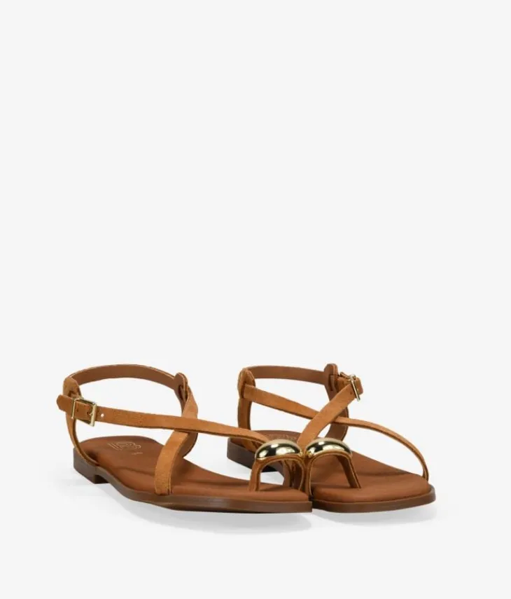 Bosanova Sandales Plates | Chaussures En Cuir | Sandales tongs en cuir marron avec ornements métalliques