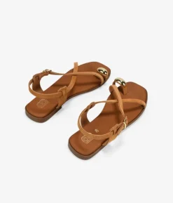 Bosanova Sandales Plates | Chaussures En Cuir | Sandales tongs en cuir marron avec ornements métalliques