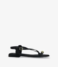 Bosanova Sandales Plates | Chaussures En Cuir | Sandales tongs en cuir noir avec ornements métalliques