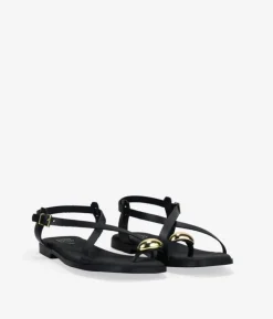 Bosanova Sandales Plates | Chaussures En Cuir | Sandales tongs en cuir noir avec ornements métalliques