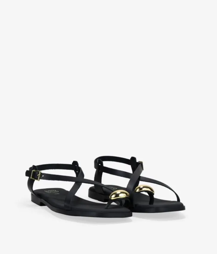 Bosanova Sandales Plates | Chaussures En Cuir | Sandales tongs en cuir noir avec ornements métalliques