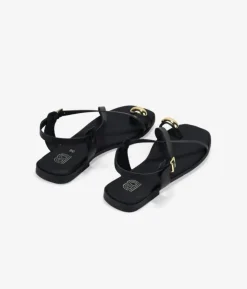 Bosanova Sandales Plates | Chaussures En Cuir | Sandales tongs en cuir noir avec ornements métalliques