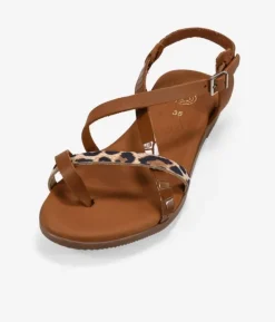 Bosanova Sandales Plates | Chaussures En Cuir | Sandales tongs marron à imprimé animal