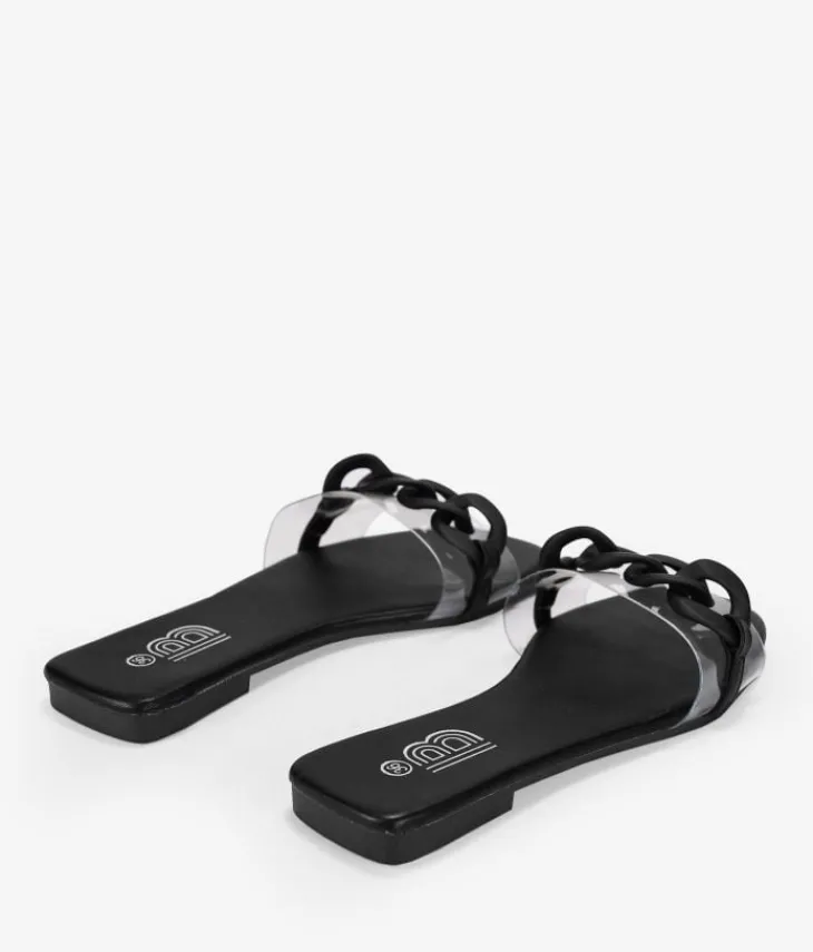 Bosanova Sandales Plates | Sandales transparentes noires avec chaîne