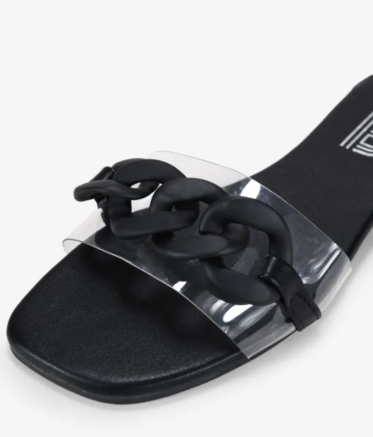 Bosanova Sandales Plates | Sandales transparentes noires avec chaîne