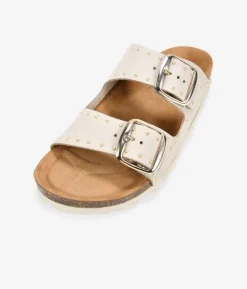 Bosanova Sandales Plates | Chaussures En Cuir | Sandalias planas beige en piel con tachuelas