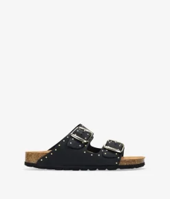 Bosanova Sandales Plates | Chaussures En Cuir | Sandalias planas negras en piel con tachuelas