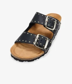 Bosanova Sandales Plates | Chaussures En Cuir | Sandalias planas negras en piel con tachuelas