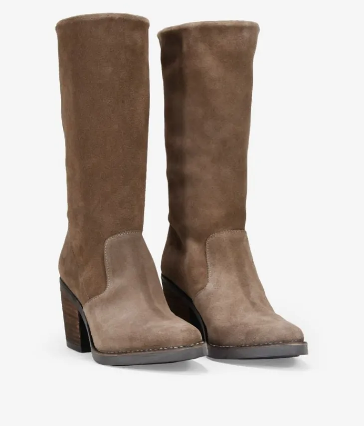 Bosanova Bottes Cowboy | Chaussures En Cuir | Santiags taupe en cuir suédé avec talon en bois