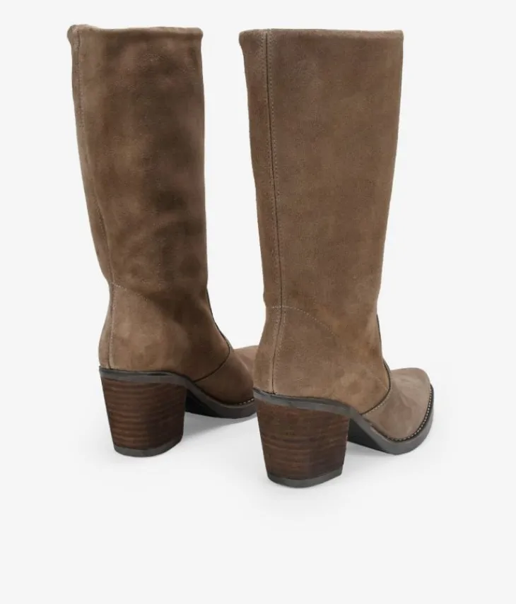 Bosanova Bottes Cowboy | Chaussures En Cuir | Santiags taupe en cuir suédé avec talon en bois